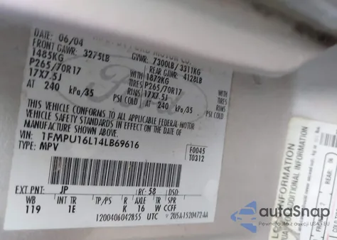 2004 Ford Expedition Nbx/Xlt from USA, damaged, VIN 1FMPU16L14LB69616